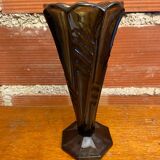 Antique Art Deco Smoked Grey Molded Glass Vase Vintage Decoration
