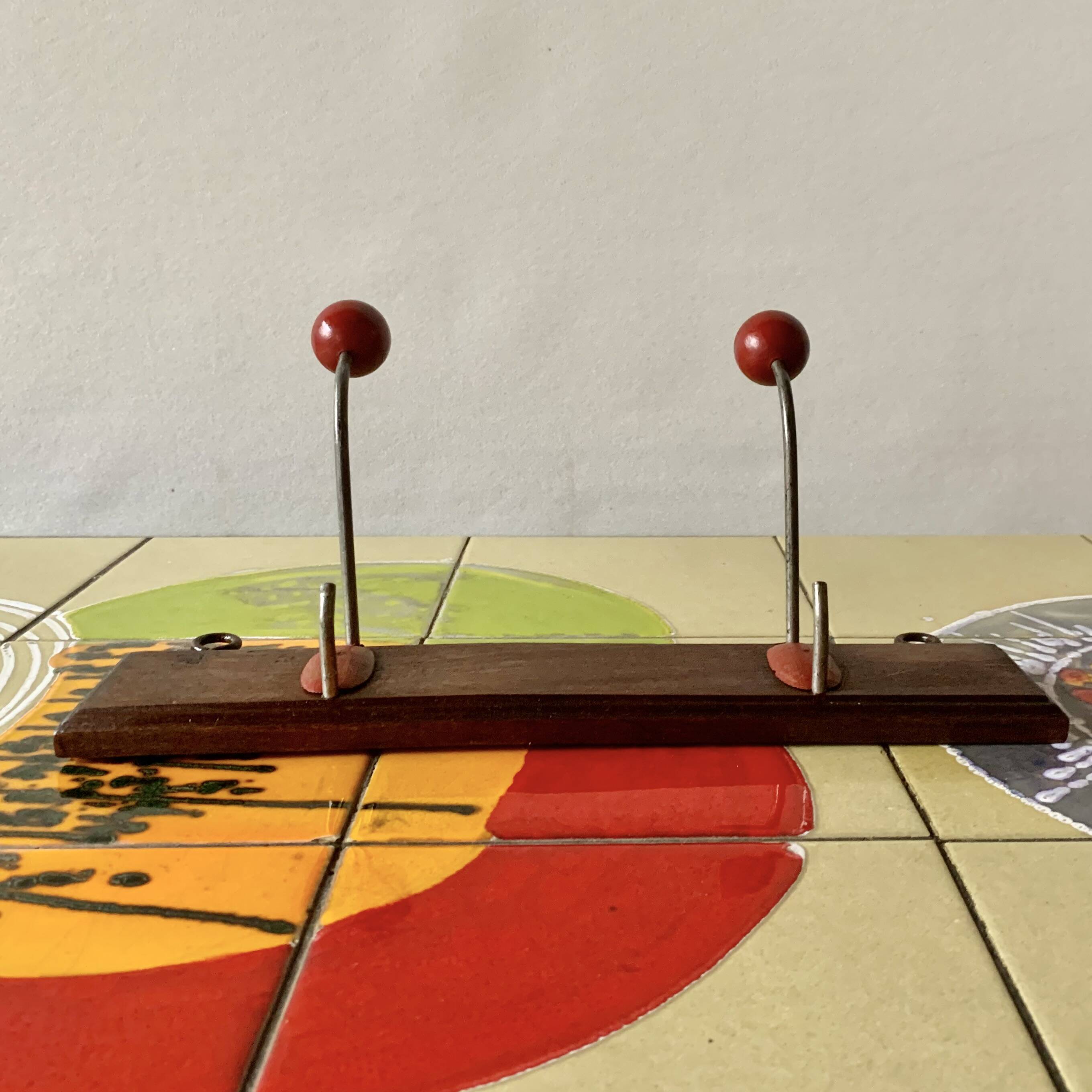 Vintage coat rack - double coat hook - red wooden balls