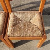 Set vintage pine dining table with 4 rush seat chairs Dutch design
