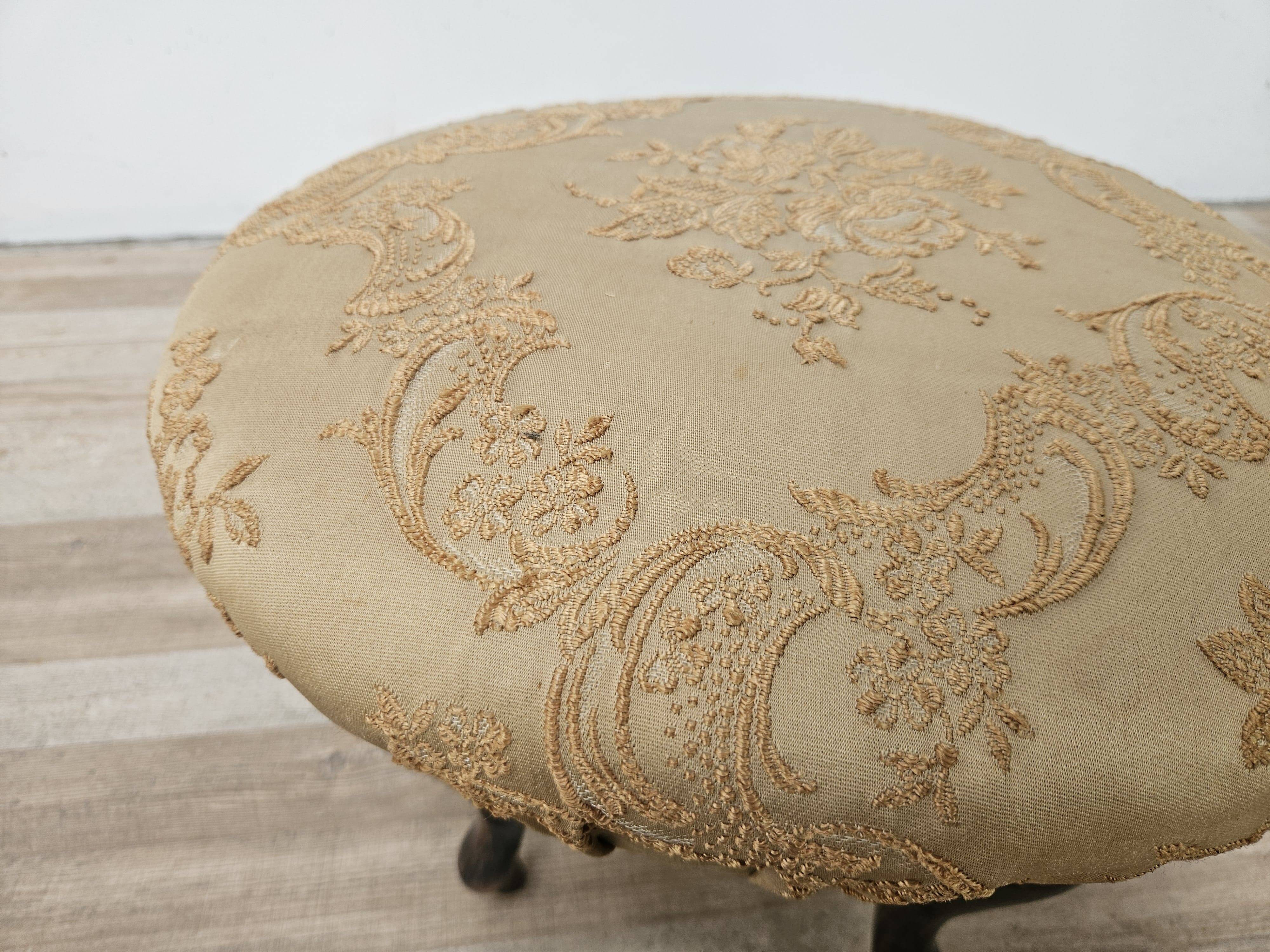 Vintage walnut pouf with fabric-covered seat, 1940s