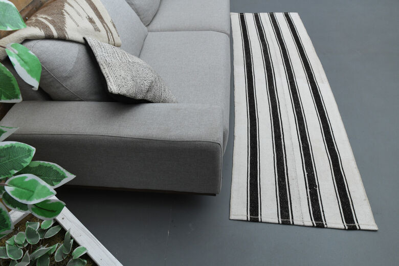 Black and white striped kilim rug 60 x 213 cm