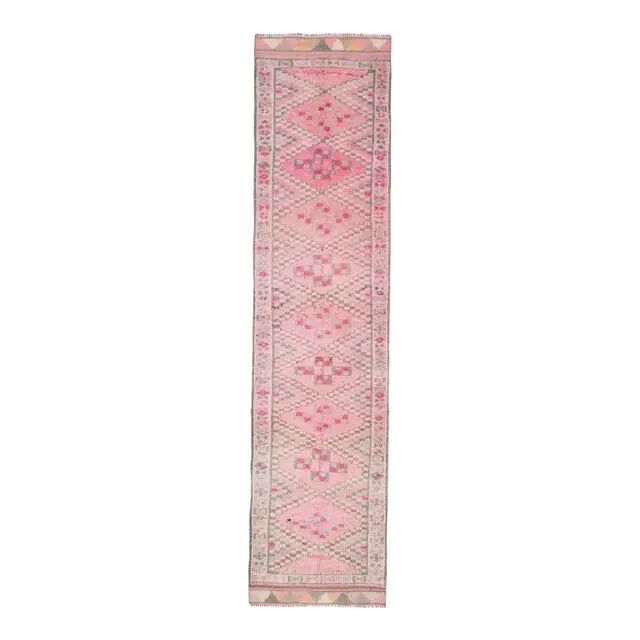 Vintage Turkish Oushak handmade wool cotton pink runner rug 82x346