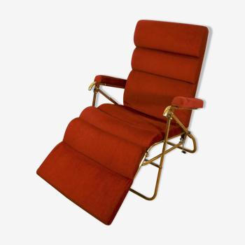 Chaise longue réglable vintage velours et cadre laiton