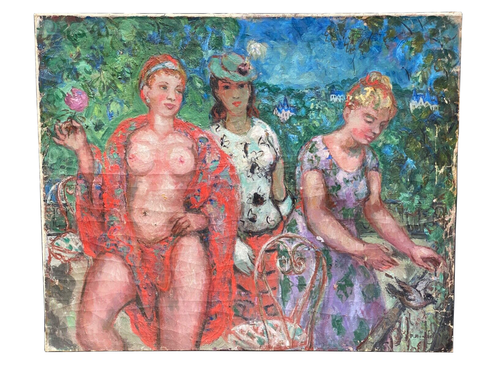 Oil on canvas by Pierre Monteret Three women twentieth