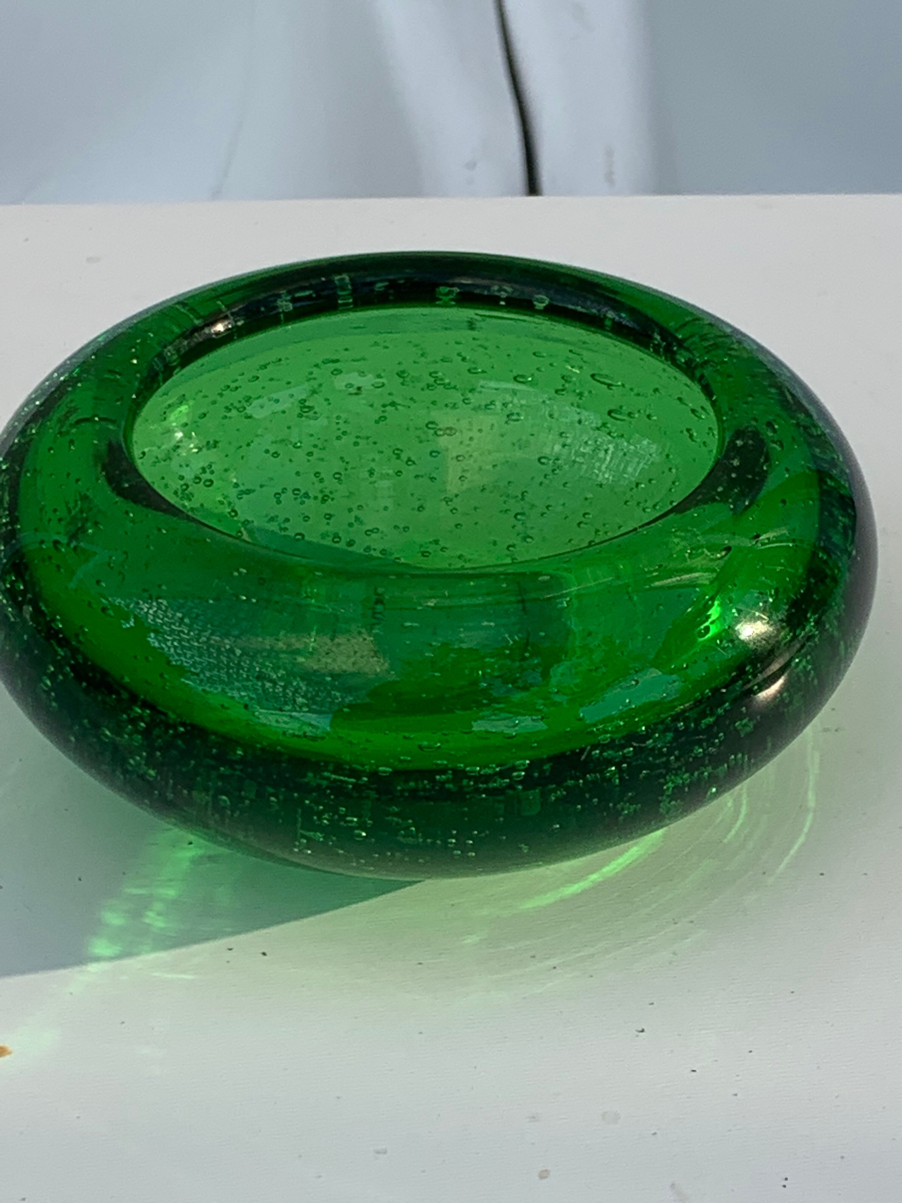 Organic glassware ashtray in signed and vintage green blown glass