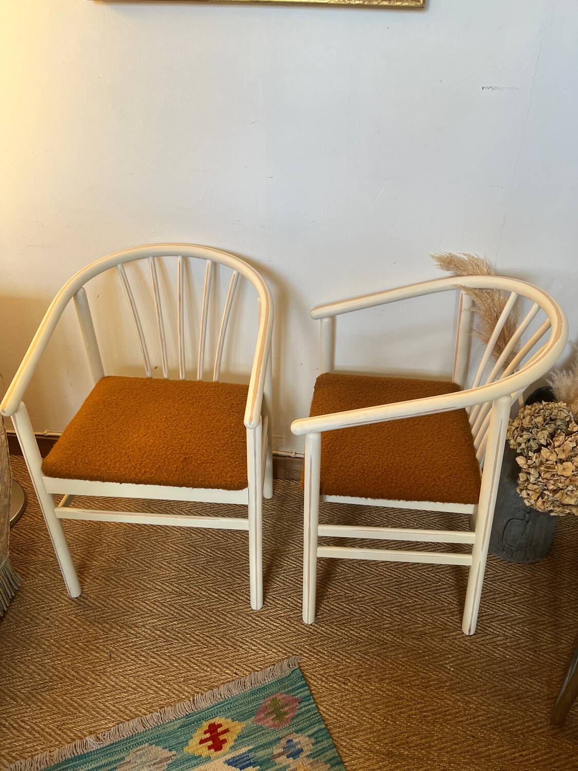 Pair of vintage wood and loop wool armchairs