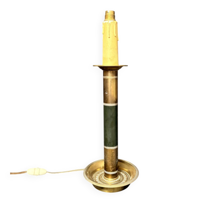 Ancien pied de lampe colonne Empire en laiton doré et vert