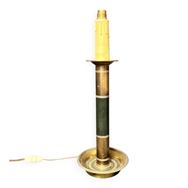 Ancien pied de lampe colonne Empire en laiton doré et vert