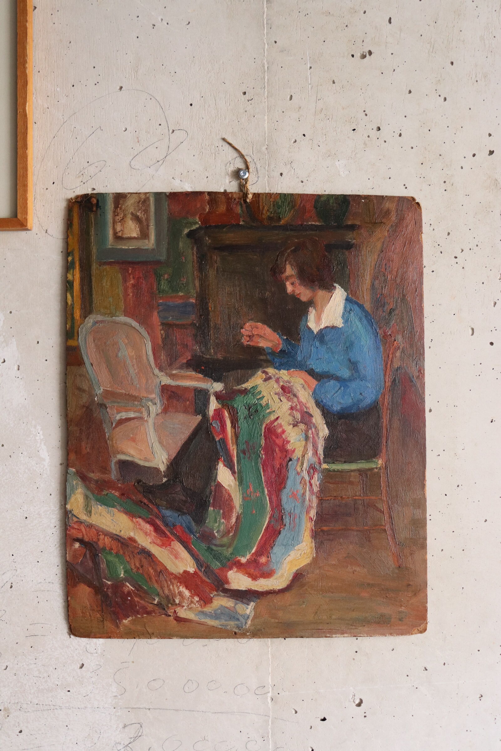 Oil on panel woman weaver