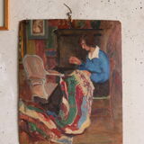 Oil on panel woman weaver