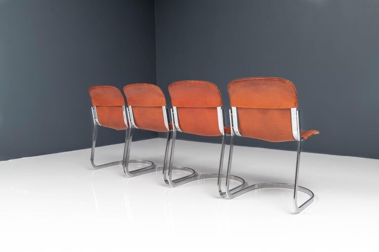 Set of 4 dining chairs in chrome and leather for Cidue Italy 1970
