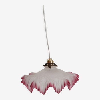 Chandelier light fixture in white and pink frosted glass, petticoat shape