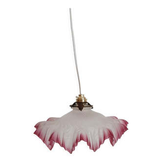 Chandelier light fixture in white and pink frosted glass, petticoat shape