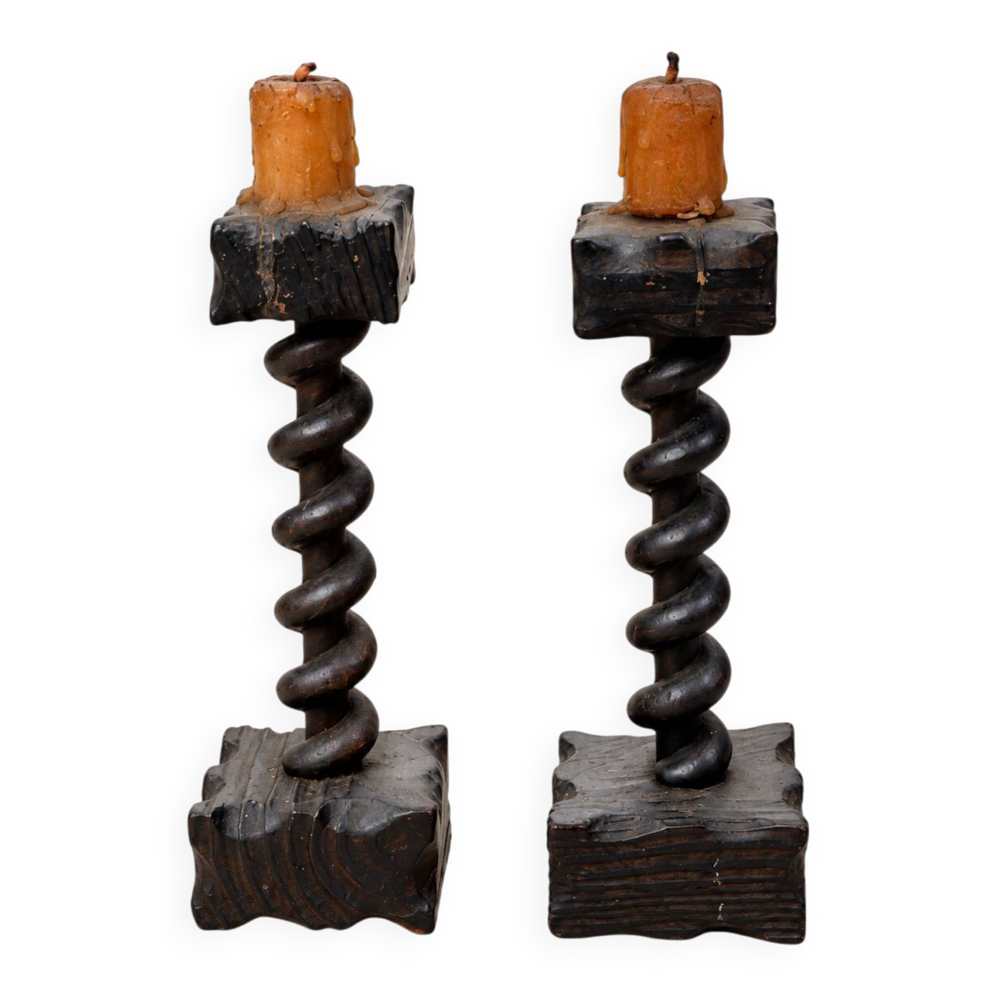Charming pair of antique turned wooden candlesticks, featuring a beautiful p