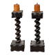 Charming pair of antique turned wooden candlesticks, featuring a beautiful p