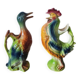 Pair of duck and rooster jugs in St Clément barbotine vintage