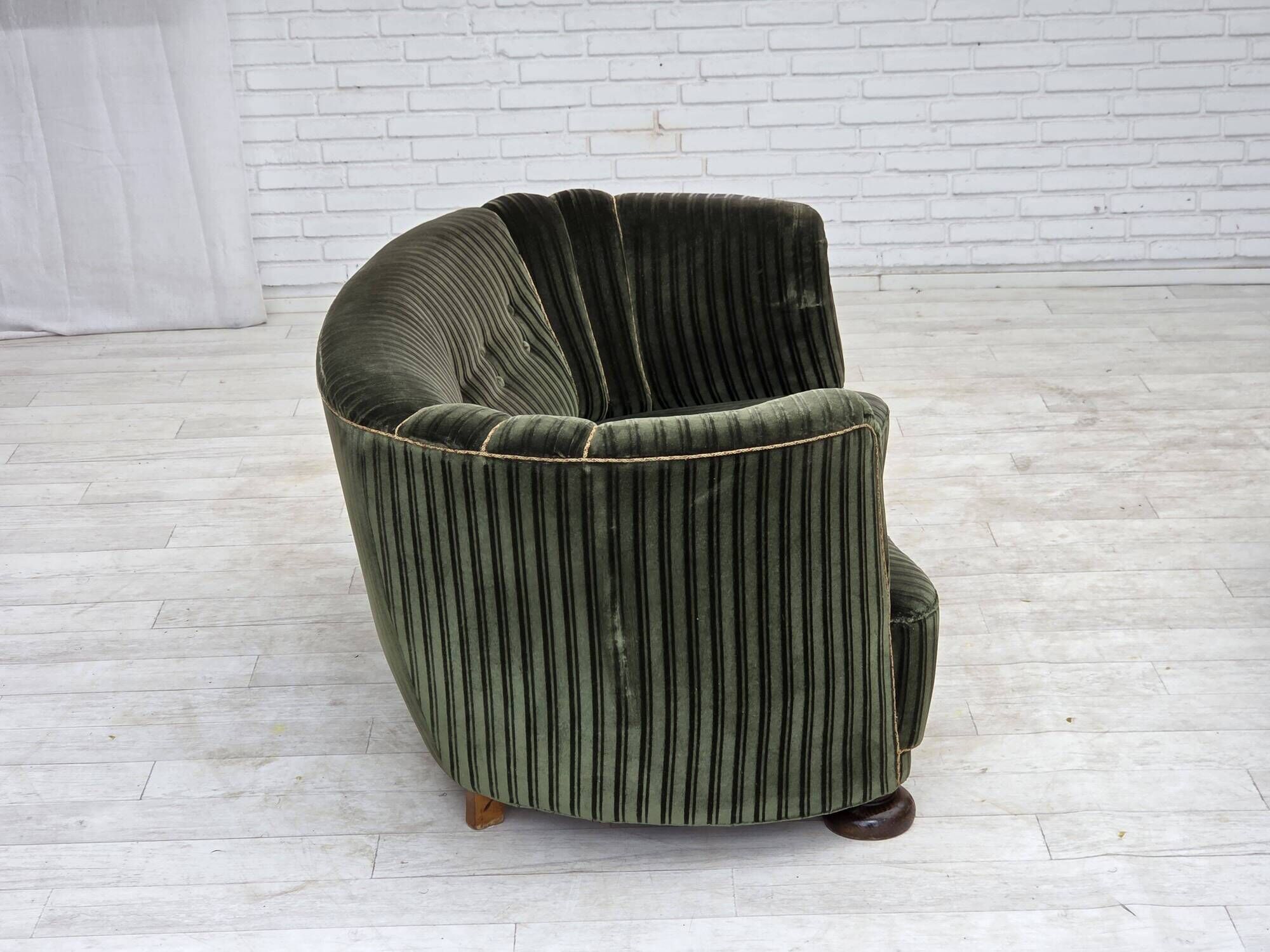1960s, Danish 2-seater curved sofa, furniture velour, oak wood.