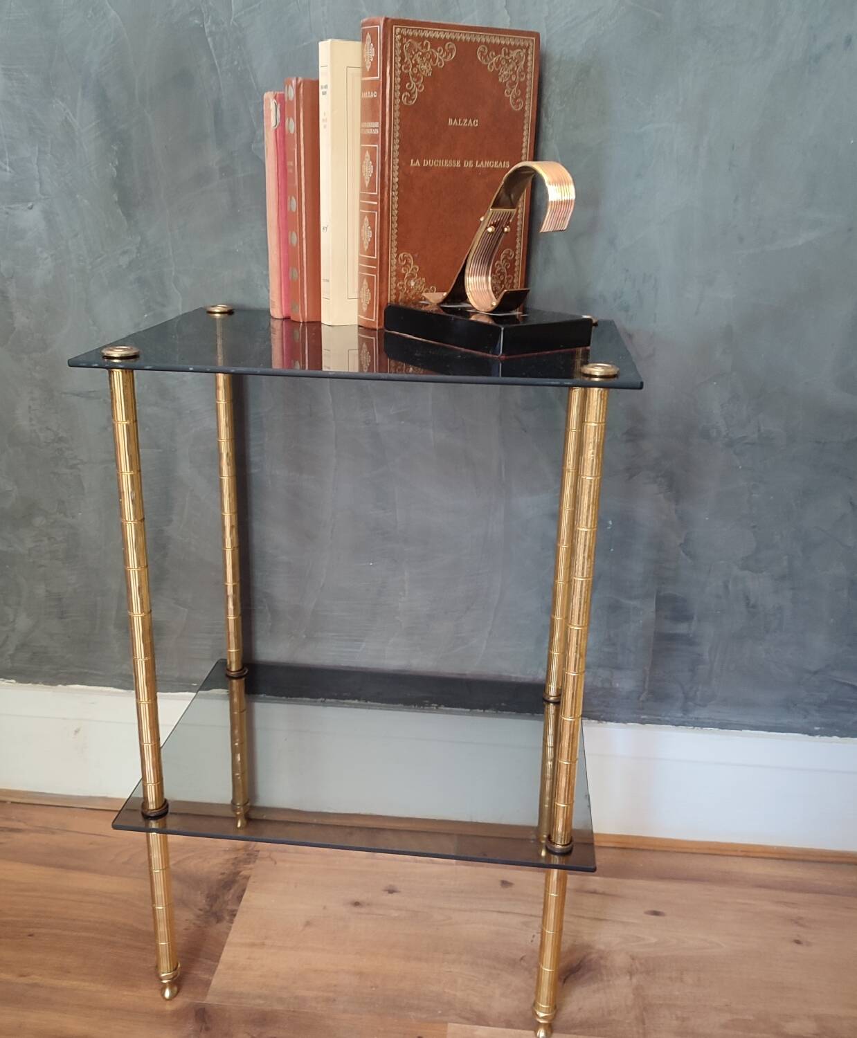 Smoked glass side table or pedestal table from the 70s