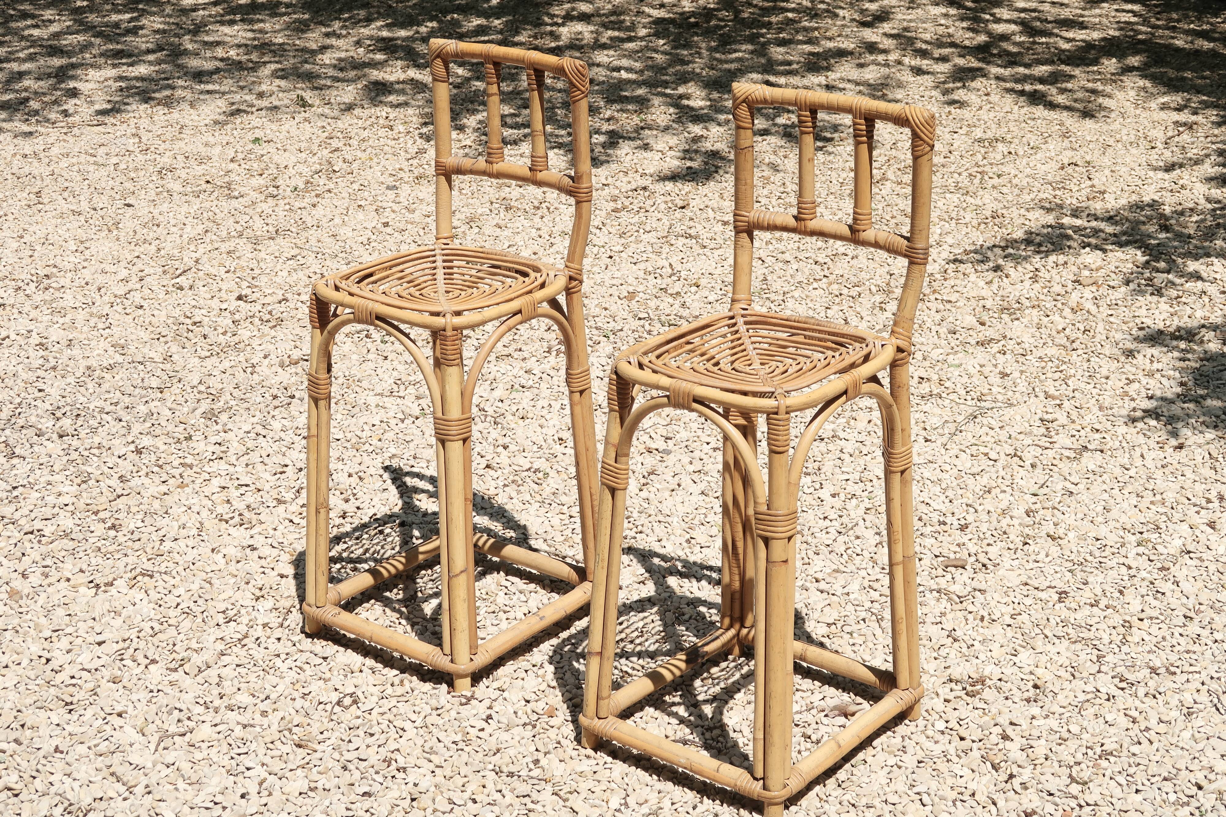 Pair of bamboo rattan bar stools, 70s