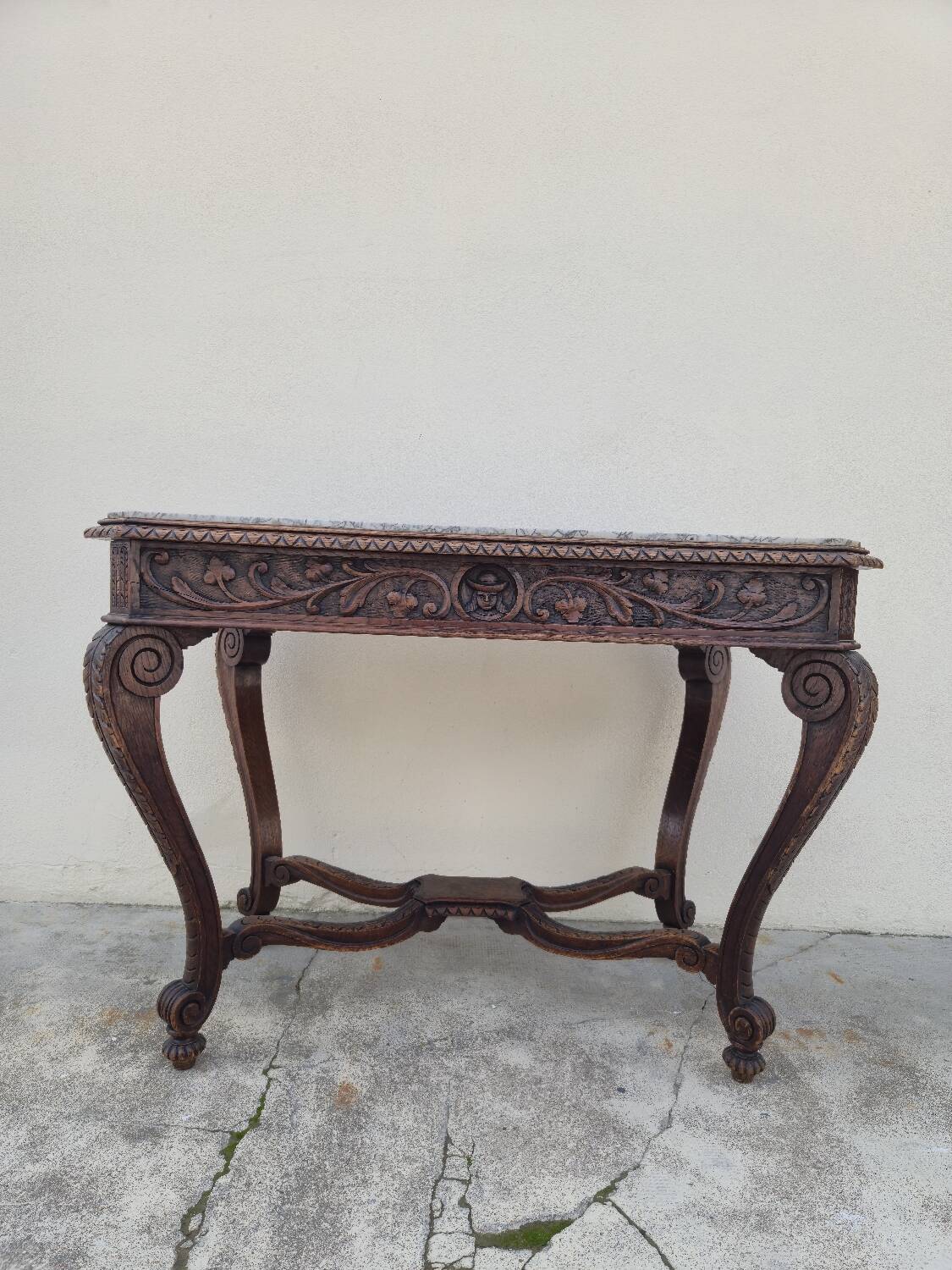 Louis XV style game table in solid oak and richly decorated marble
