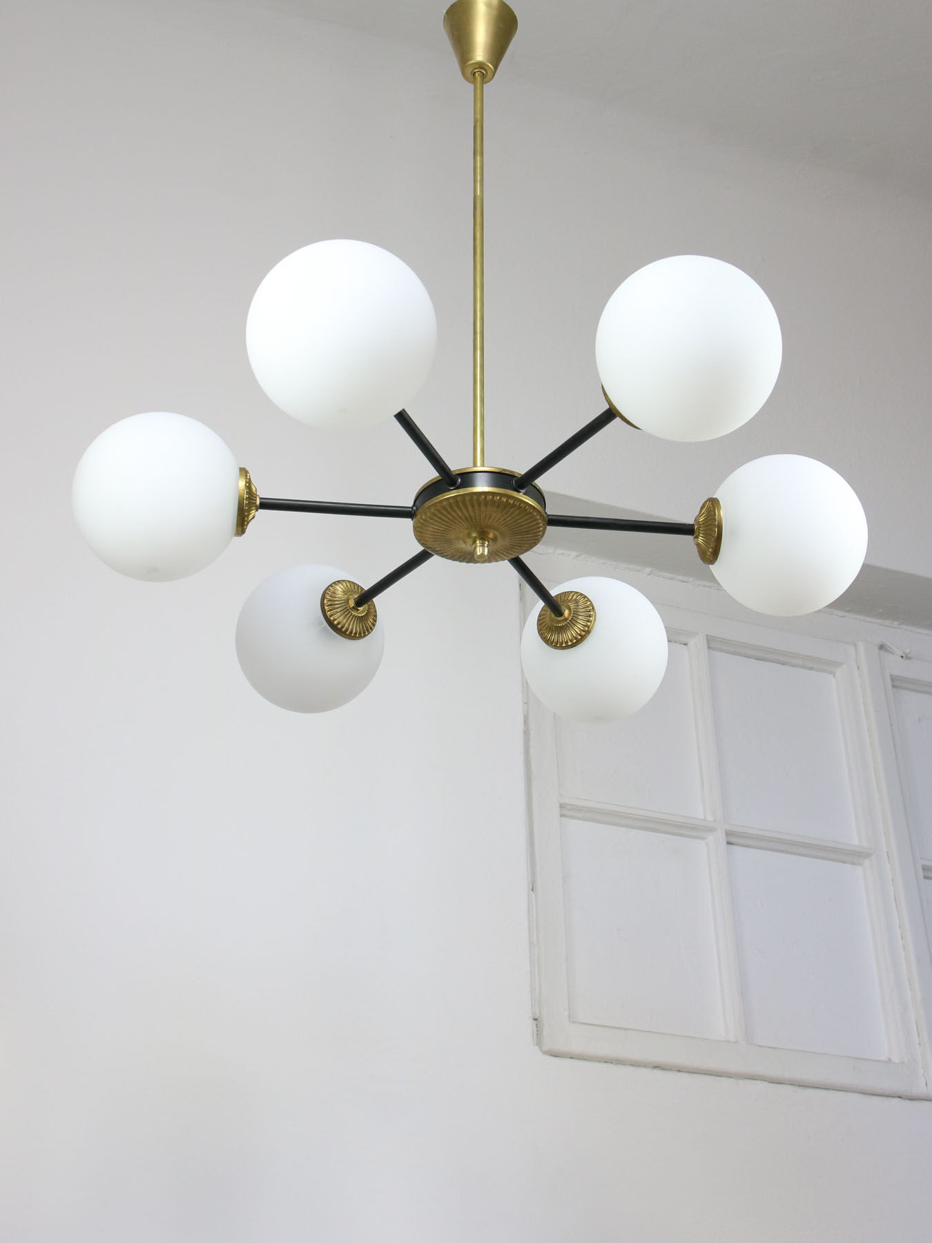 Mid-century sputnik brass and opaline glass chandelier