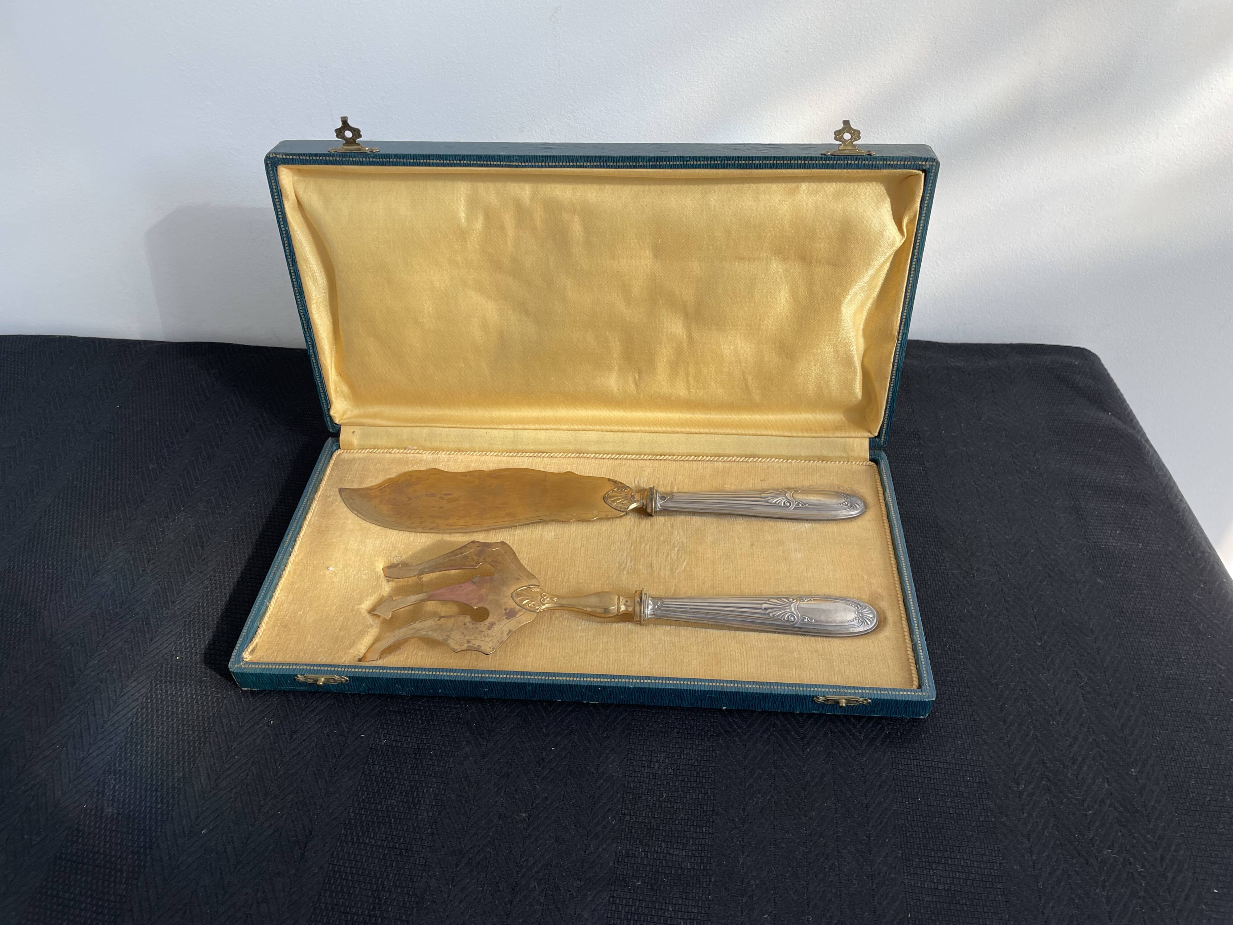 Antique, fish service cover, stuffed silver, gilded metal, France