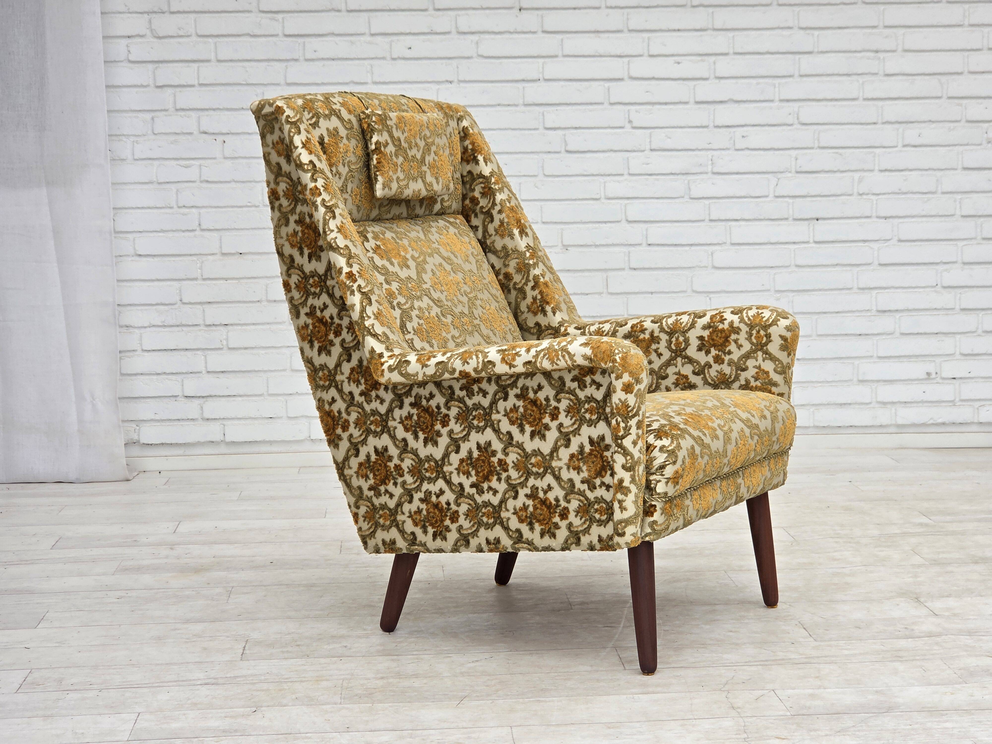 1970s, Danish highback armchair, Brown/beige furniture fabric, teak wood.