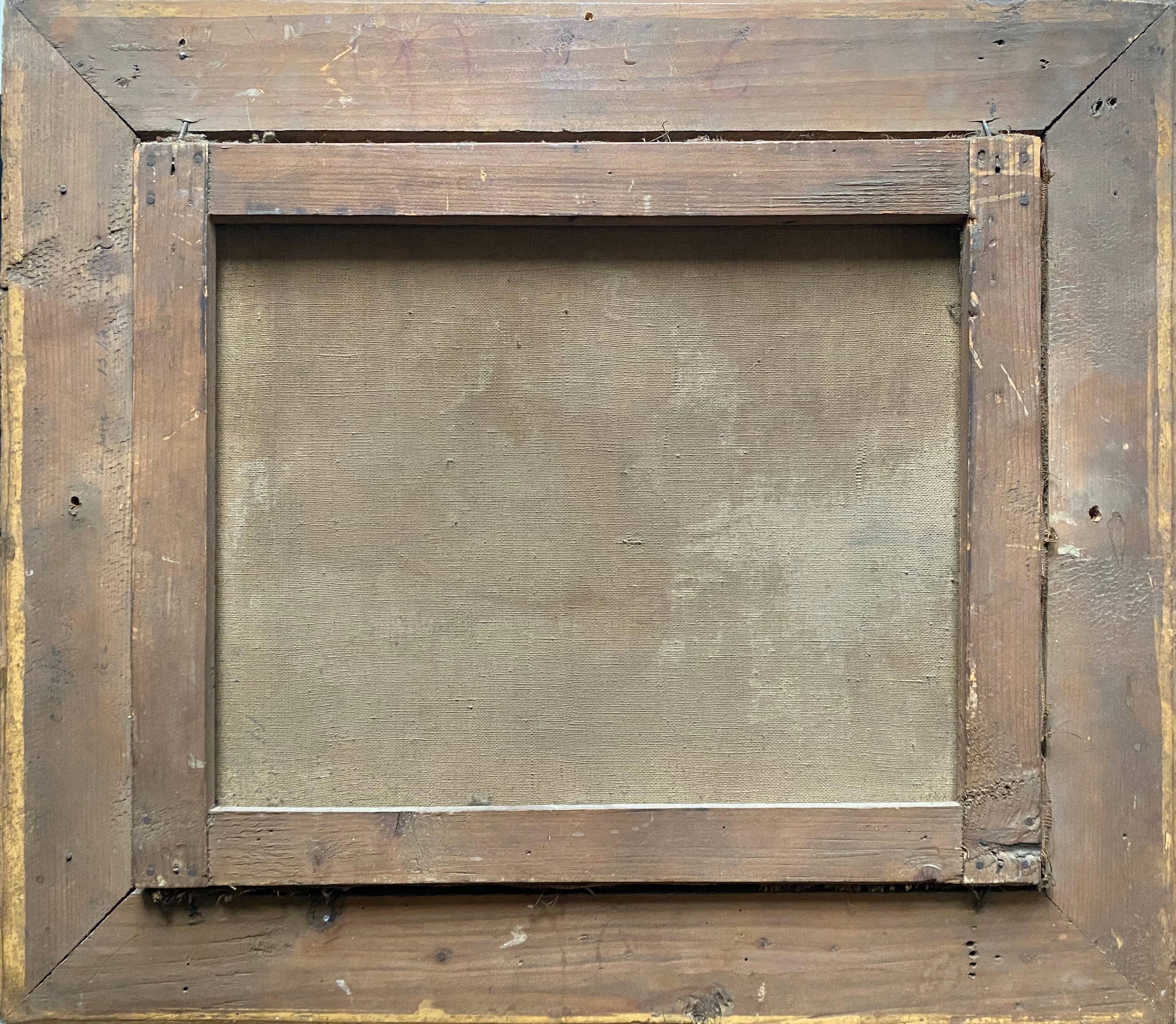 Hst painting "animated landscape at the pond and village" barbizon with nineteenth century frame