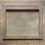 Hst painting "animated landscape at the pond and village" barbizon with nineteenth century frame