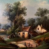 Oil on canvas landscape on the edge of a river late 19th century