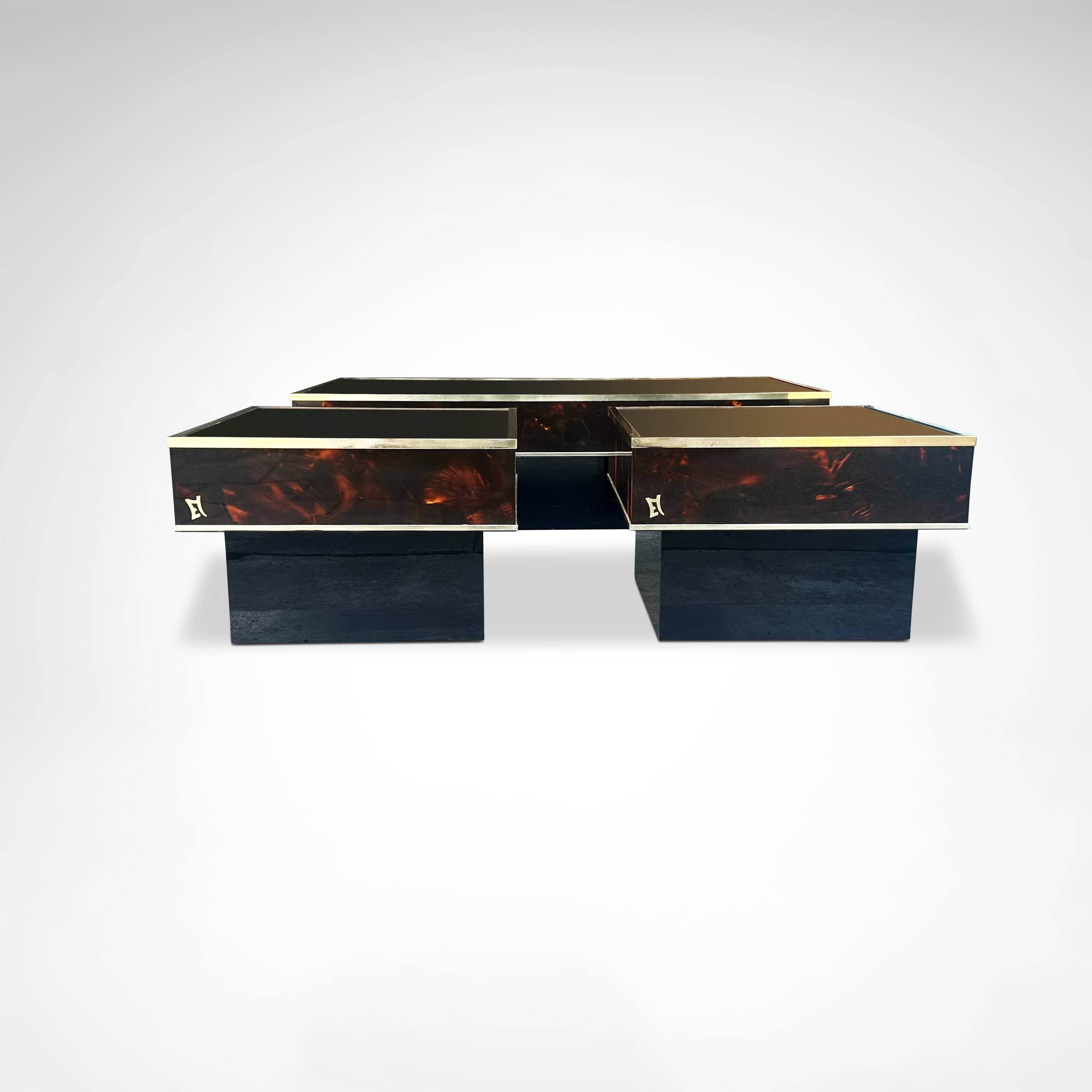 Coffee – and side tables in burl wood and plexiglass by Eric Maville 1980s