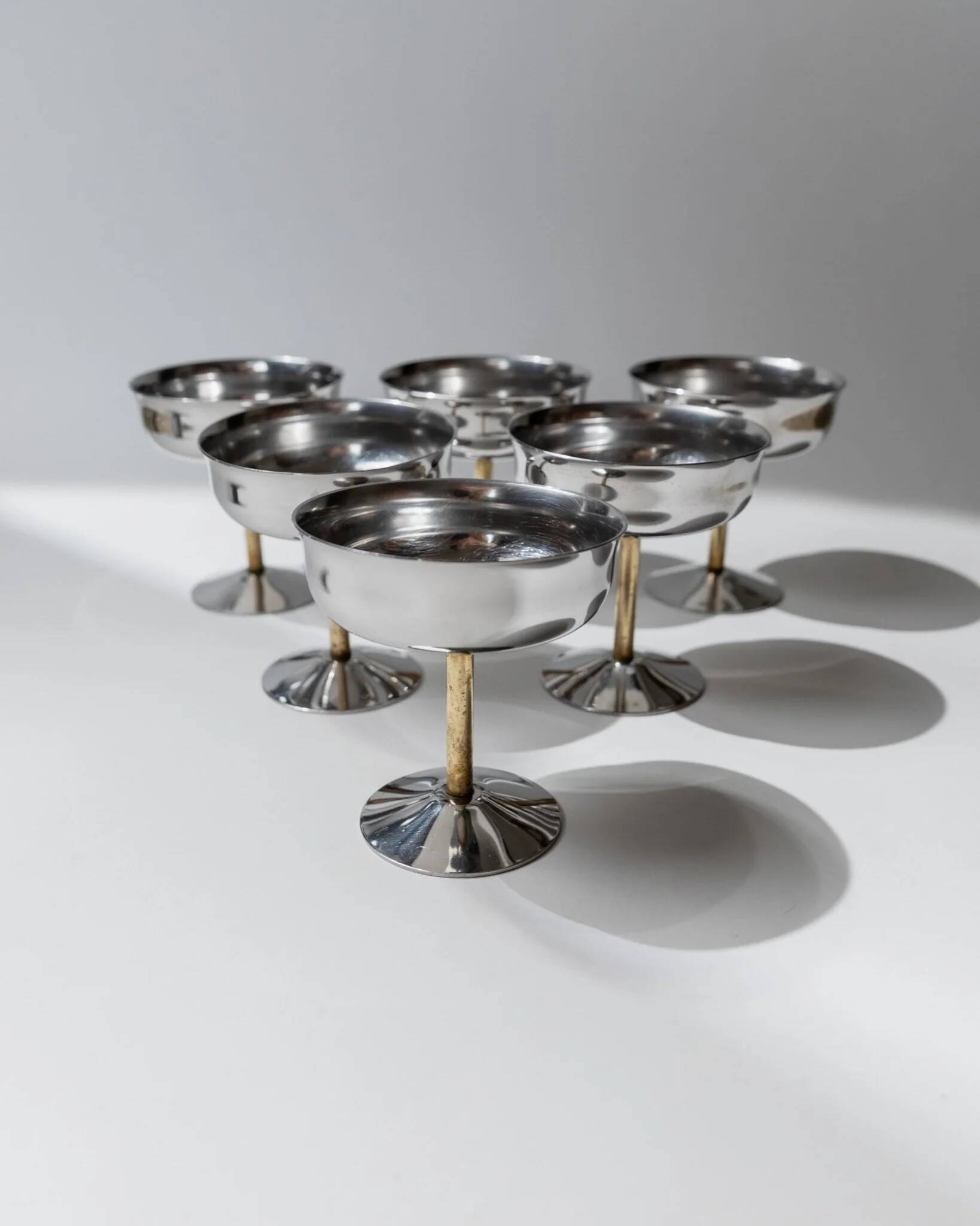 Set of 6 Vintage Champagne Bowls: Argent Stainless Steel with Golden Stem – Italian 1970s Retro Tableware