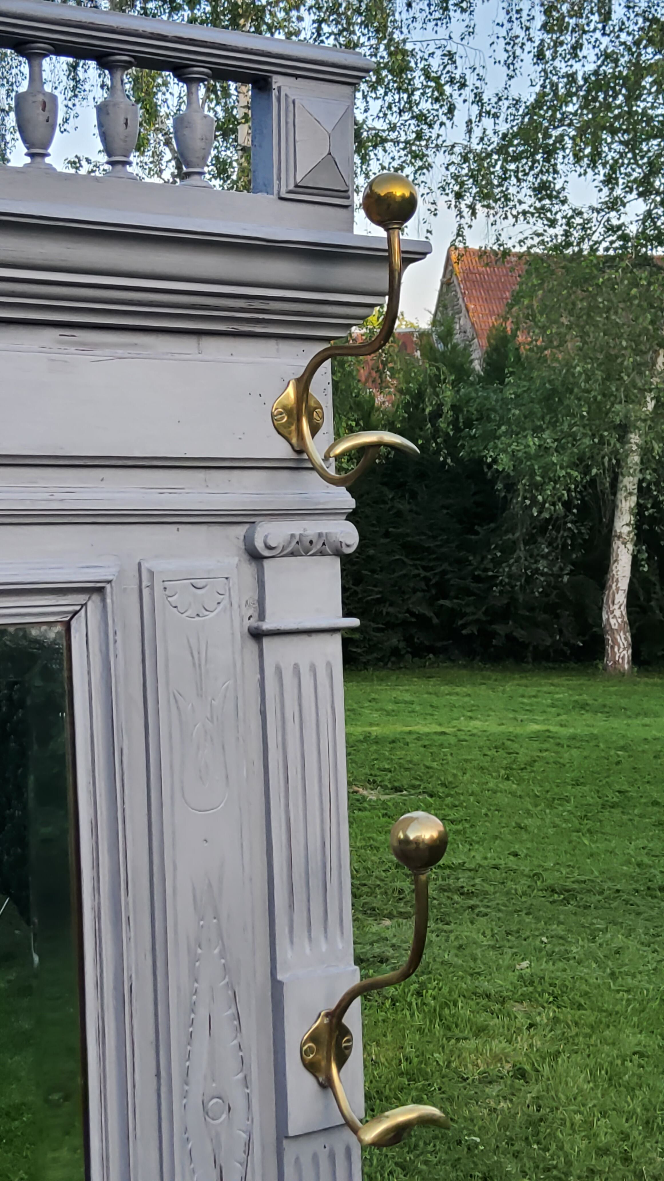 1900s coat rack patina gray mirror brass hooks