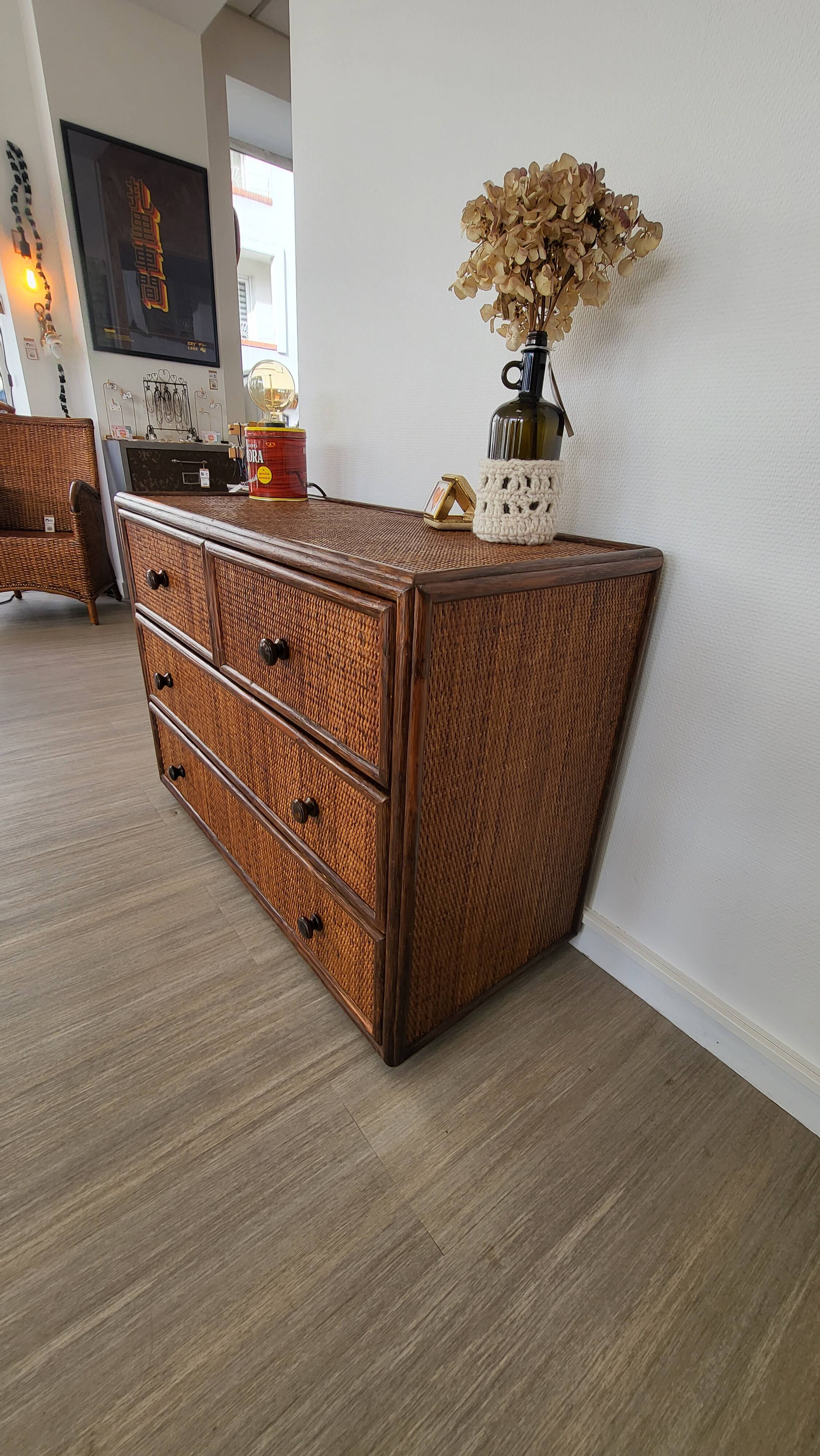 Rattan and solid wood chest of drawers