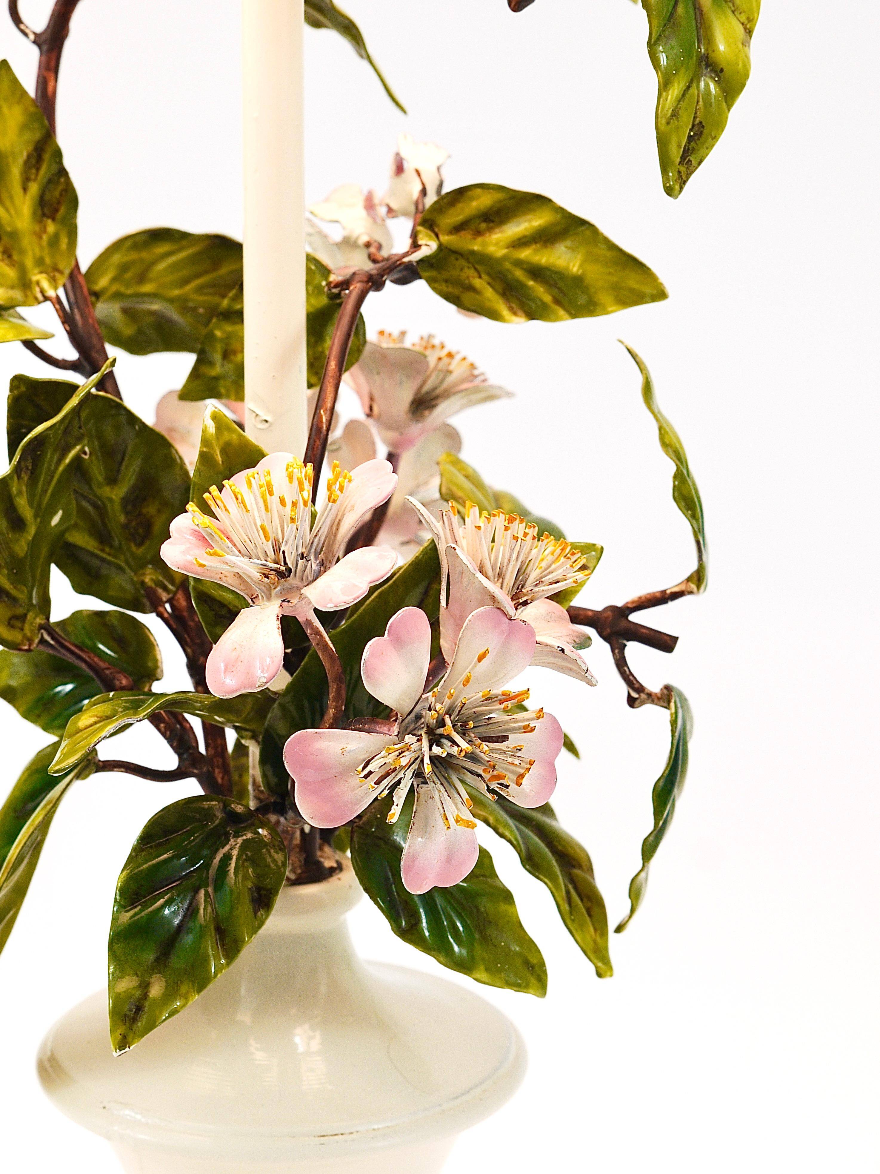 Hand-painted Toleware table lamp with wild apple blossom flowers, Salvadori, Italy, 1950s.