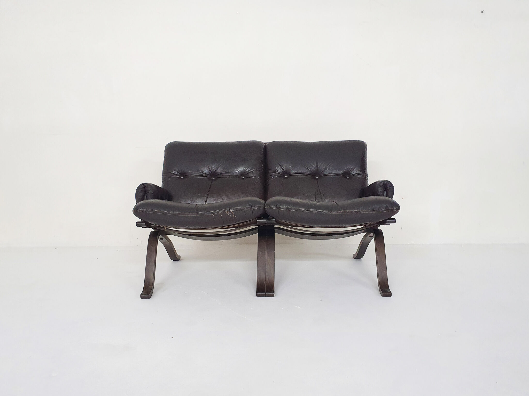Brown leather two-seater sofa, Norway 1970's