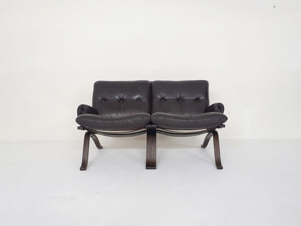 Canapé deux places en cuir marron, Norvège des années 1970