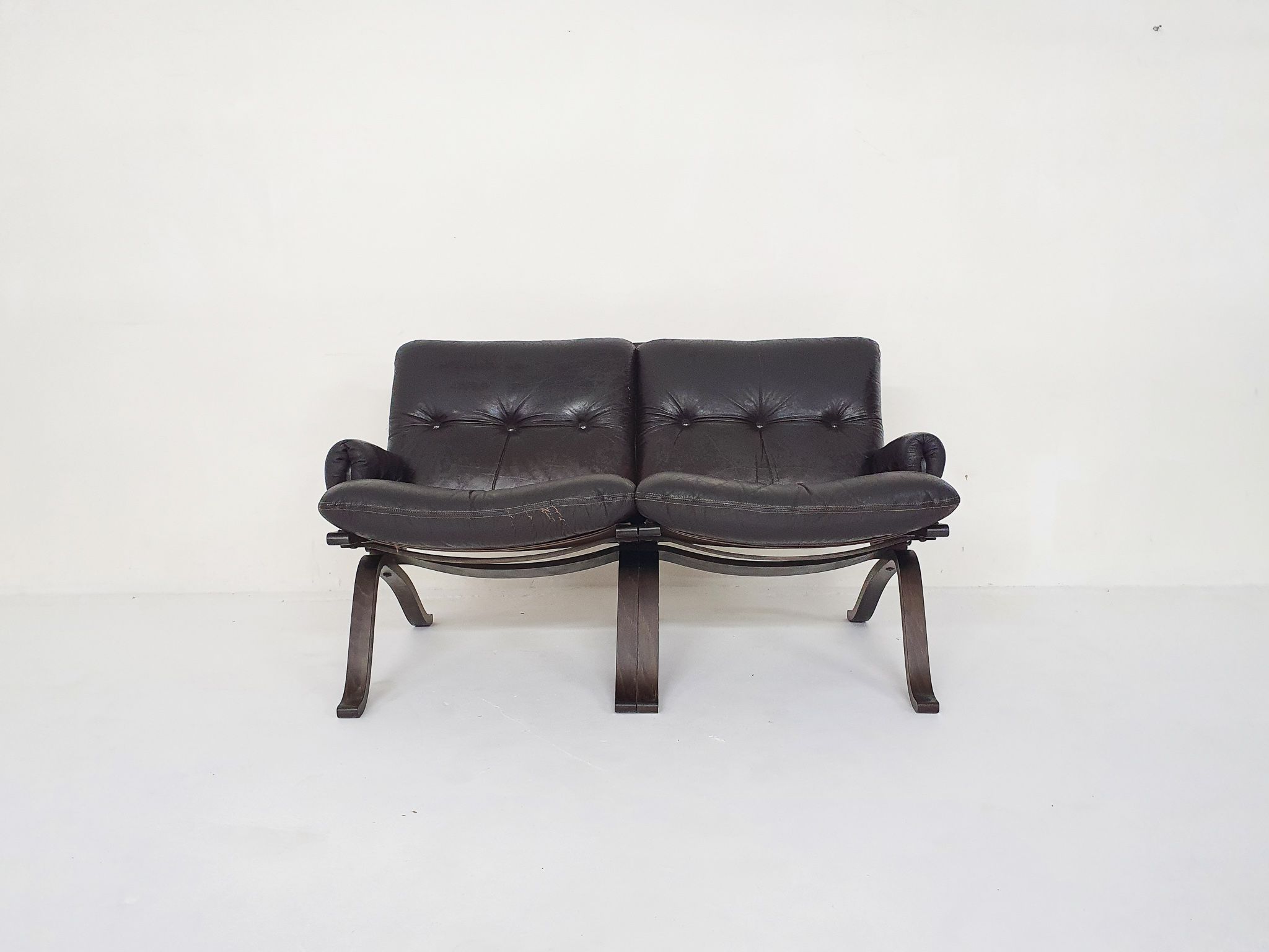 Brown leather two-seater sofa, Norway 1970's
