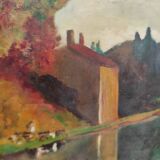 Peinture à l'huile vintage française paysage, signée A&C Pradel, 1993