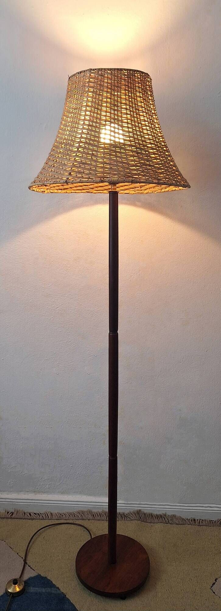 Rosewood mid century floor lamp with rattan shade, Sweden 1960s