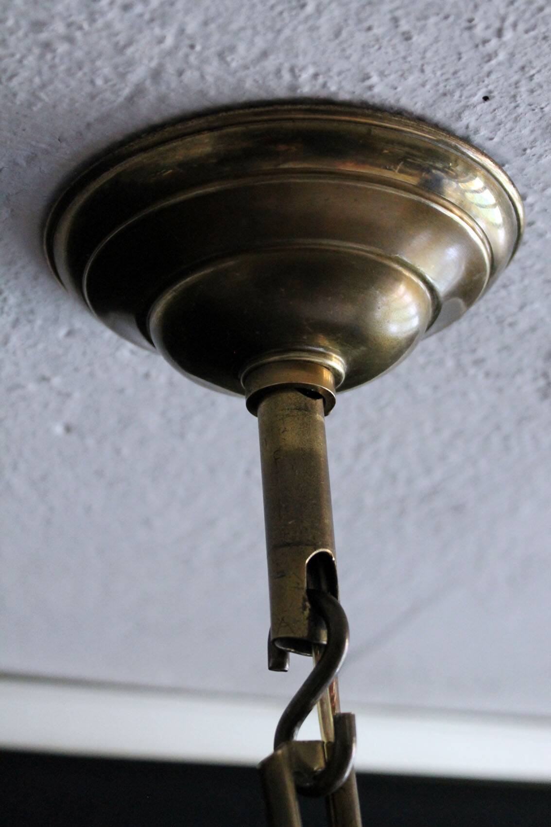 Art Deco three-light chandelier in brass and glass, 1930s