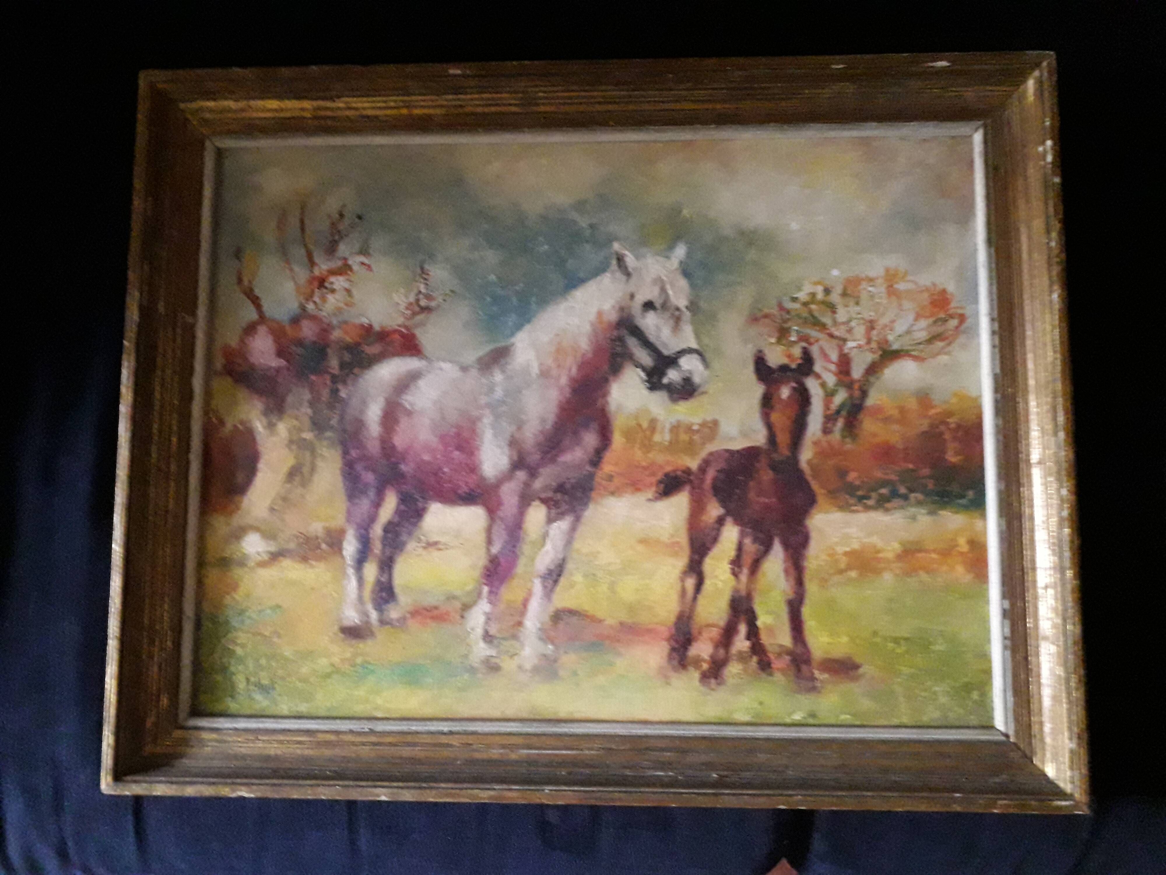 Tableau ancien à l'huile représentant des chevaux