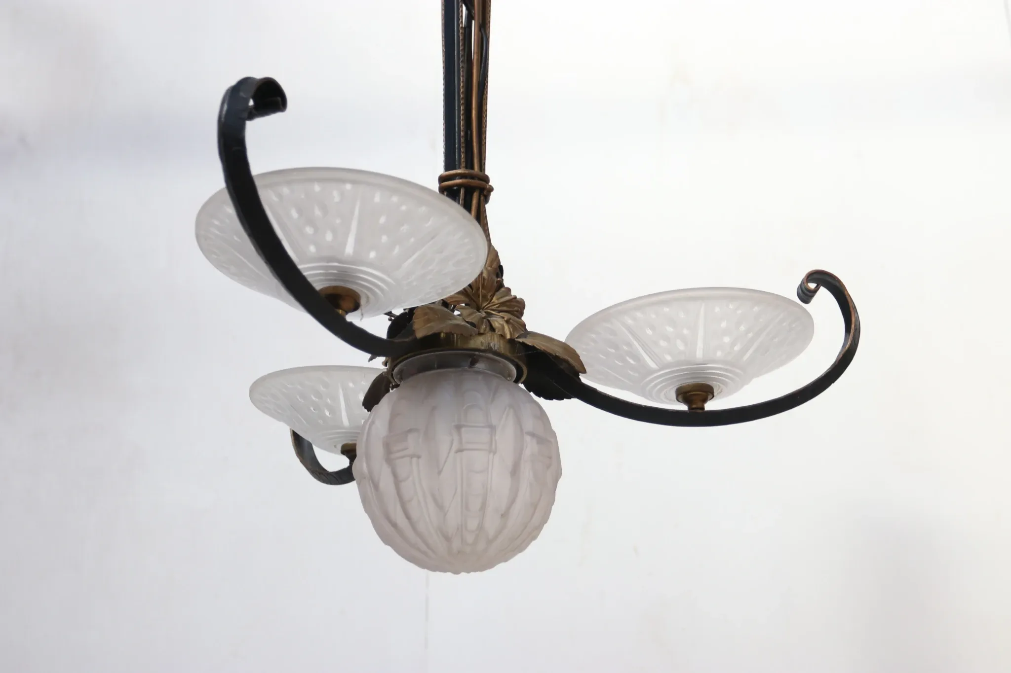 French Art Deco wrought iron pendant lamp, pressed glass, 1920s-30s