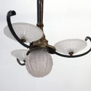 French Art Deco wrought iron pendant lamp, pressed glass, 1920s-30s