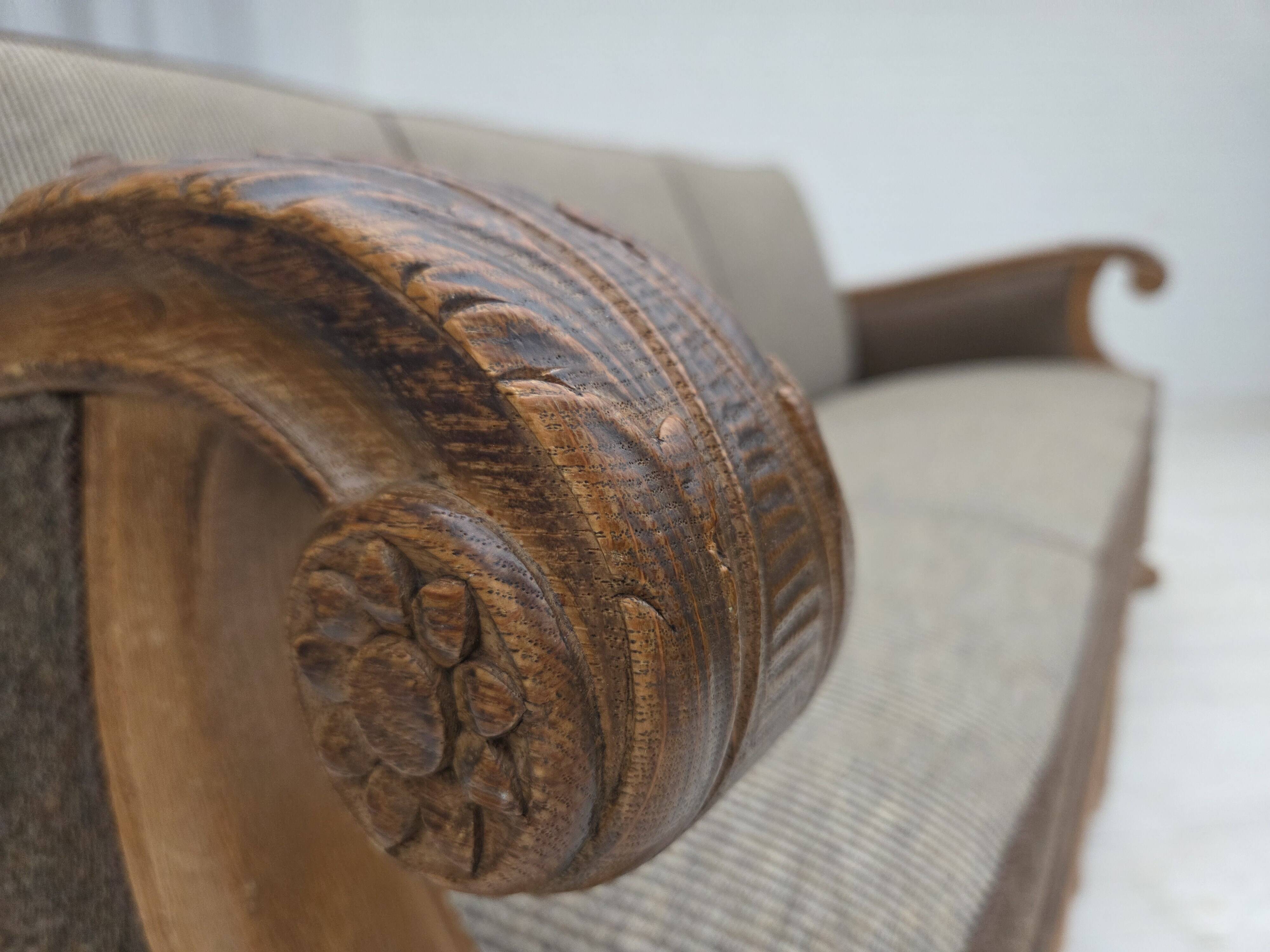 1950s, Danish 3-seater sofa, furniture wool, solid carved oak wood.