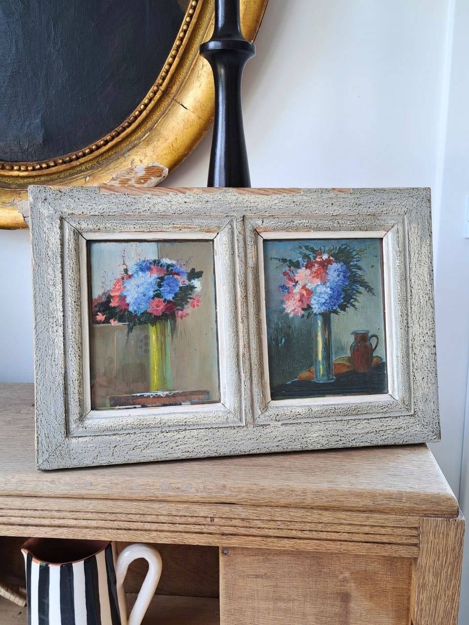 Pair of small antique floral oils by Jean Le Flaouter