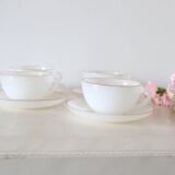 Set of 4 cups and under cups Arcopal harlequin range, white and gold, made in France