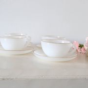 Set of 4 cups and under cups Arcopal harlequin range, white and gold, made in France