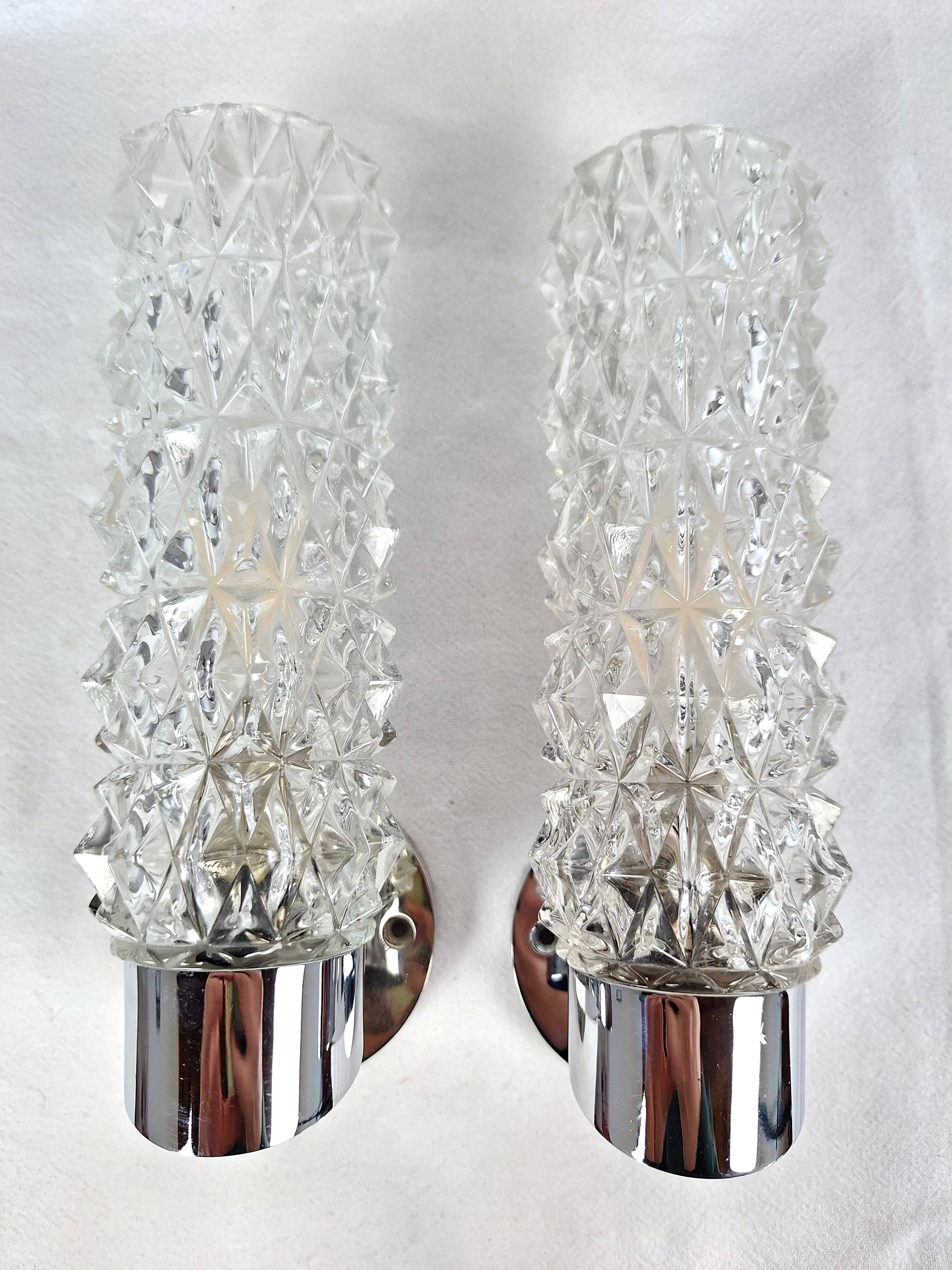 Pair of vintage space age chrome and molded glass wall lights, bedside night light