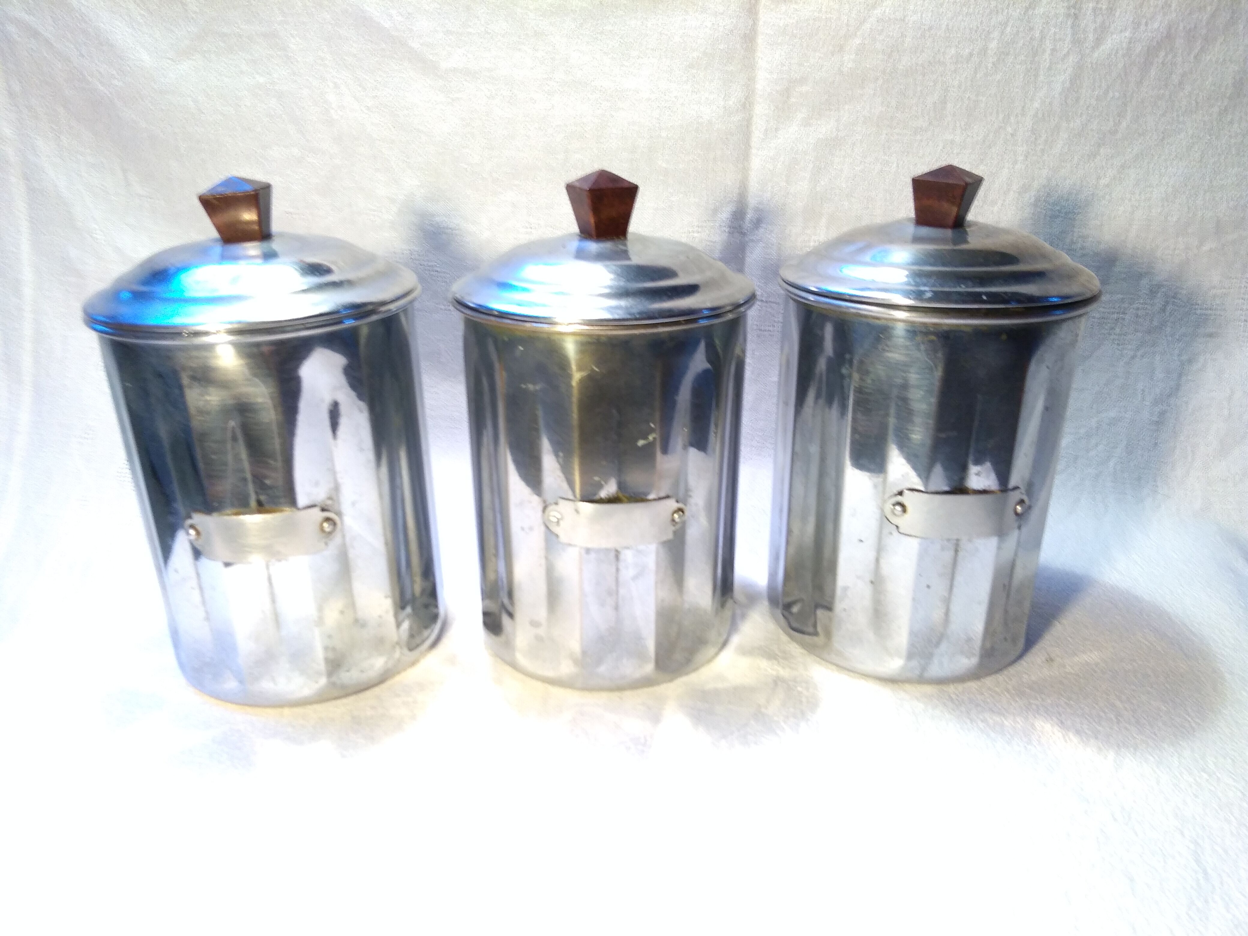 3 metal spice pots, 60s